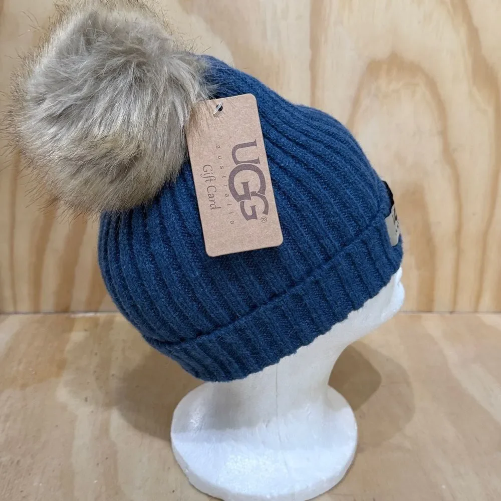 UGG Light Blue Knit Hat with Faux Fur Pom